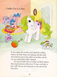 Size: 594x795 | Tagged: safe, artist:heckyeahponyscans, derpibooru import, official, baby blossom, baby firefly, baby surprise, crib, cuddles goes to a party, doll, g1, image, jpeg, nursery, rattle, storybook, toy