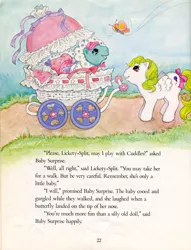 Size: 605x792 | Tagged: safe, derpibooru import, official, baby cuddles, baby surprise, butterfly, insect, baby carriage, cuddles goes to a party, g1, image, jpeg, path, storybook