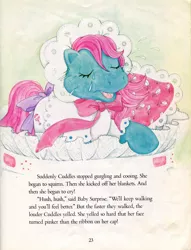 Size: 605x791 | Tagged: safe, derpibooru import, official, baby cuddles, baby carriage, crying, cuddles goes to a party, g1, image, jpeg, pillow, storybook