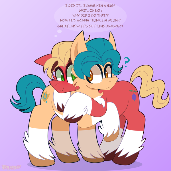 Size: 1700x1700 | Tagged: safe, artist:saveraedae, derpibooru import, hitch trailblazer, sprout cloverleaf, earth pony, pony, my little pony: a new generation, blushing, cheek fluff, chest fluff, coat markings, confused, dialogue, g5, gay, hitchsprout, hug, image, male, nervous, png, question mark, raised hoof, shipping, socks (coat marking), sprout is a goddamn moron, unshorn fetlocks