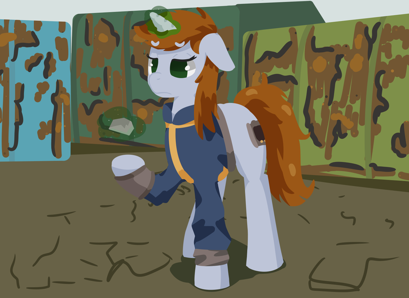 Size: 1484x1080 | Tagged: safe, artist:toshimatsu, derpibooru import, oc, oc:littlepip, unofficial characters only, pony, unicorn, fallout equestria, fanfic, clothes, derpibooru exclusive, fanfic art, female, glow, glowing horn, hooves, horn, image, magic, magic aura, mare, pipbuck, png, raised hoof, tail, telekinesis, vault suit