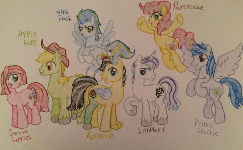 Size: 1200x742 | Tagged: safe, artist:gibina4ever, derpibooru import, oc, oc:apple fang, oc:kingston, oc:partycake, oc:prince sparkle, oc:sweet berries, oc:symphony, oc:wind flash, dracony, hybrid, image, interspecies offspring, jpeg, next generation, offspring, parent:applejack, parent:cheese sandwich, parent:discord, parent:fancypants, parent:flash sentry, parent:fluttershy, parent:pinkie pie, parent:rainbow dash, parent:rarity, parents:applespike, parents:cheesepie, parents:discoshy, parents:flashlight, parent:soarin', parent:spike, parents:raripants, parents:soarindash, parent:twilight sparkle, traditional art