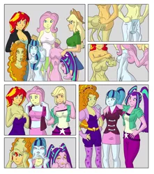 Size: 1080x1224 | Tagged: suggestive, artist:vytz, derpibooru import, adagio dazzle, applejack, aria blaze, fluttershy, sonata dusk, sunset shimmer, equestria girls, disguise, image, jpeg, mask, masking, skinsuit, the dazzlings