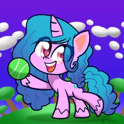 Size: 1200x1200 | Tagged: safe, artist:empyu, derpibooru import, izzy moonbow, pony, unicorn, my little pony: a new generation, my little pony: pony life, ball, eye clipping through hair, g5, image, izzy's tennis ball, open mouth, png, tennis ball
