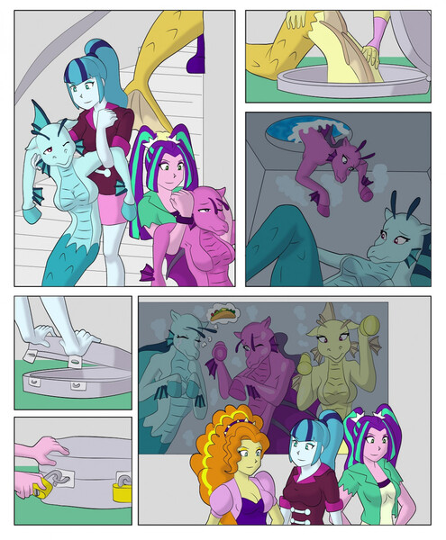 Size: 1057x1280 | Tagged: safe, artist:vytz, derpibooru import, adagio dazzle, applejack, aria blaze, fluttershy, sonata dusk, sunset shimmer, siren, equestria girls, disguise, food, forced suiting, image, imprisonment, jpeg, mask, masking, skinsuit, taco, water tank