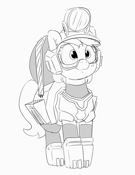 Size: 2302x2986 | Tagged: safe, artist:pabbley, derpibooru import, oc, unofficial characters only, earth pony, pony, armor, deep rock galactic, female, goggles, grayscale, headlamp, helmet, image, jpeg, mare, monochrome, simple background, smiling, solo, white background