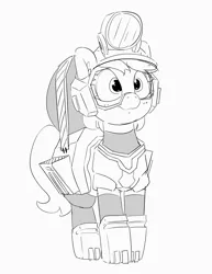 Size: 2302x2986 | Tagged: safe, artist:pabbley, derpibooru import, oc, unofficial characters only, earth pony, pony, armor, deep rock galactic, female, goggles, grayscale, headlamp, helmet, image, jpeg, mare, monochrome, simple background, smiling, solo, white background