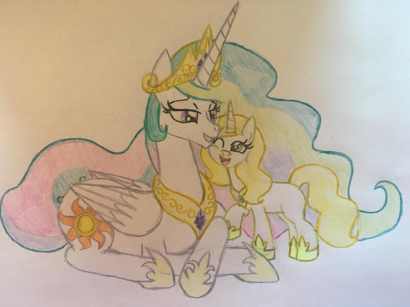 Size: 2048x1536 | Tagged: safe, artist:gibina4ever, derpibooru import, princess celestia, oc, oc:princess blossom, alicorn, adopted offspring, horn, image, jpeg, next generation, offspring, parent:princess celestia, story included, traditional art, wings