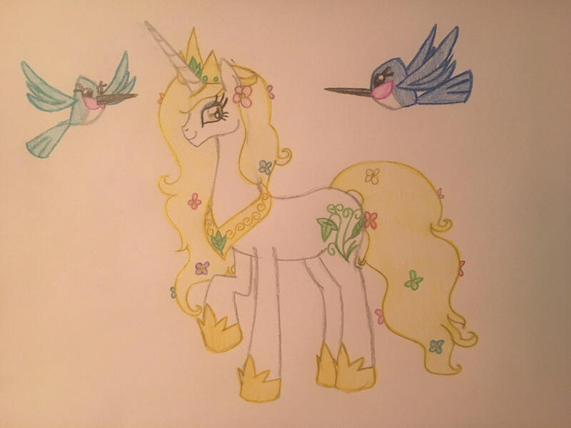 Size: 2048x1536 | Tagged: safe, artist:gibina4ever, derpibooru import, oc, oc:princess blossom, alicorn, bird, adopted offspring, flower, flower in hair, flower in tail, horn, image, jpeg, next generation, offspring, older, parent:princess celestia, tail, traditional art, wings