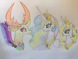 Size: 2828x2121 | Tagged: safe, artist:gibina4ever, derpibooru import, princess celestia, thorax, oc, oc:princess blossom, alicorn, changedling, changeling, adopted offspring, female, horn, image, jpeg, male, next generation, offspring, parent:princess celestia, shipping, straight, thoralestia, traditional art, wings