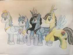 Size: 2828x2121 | Tagged: safe, artist:gibina4ever, derpibooru import, oc, oc:kingston, oc:prince knight shield, oc:prince phantom, oc:prince sparkle, alicorn, hybrid, alicorn oc, horn, image, interspecies offspring, jpeg, next generation, offspring, parent:discord, parent:flash sentry, parent:fluttershy, parent:king sombra, parent:princess cadance, parent:princess luna, parents:discoshy, parents:flashlight, parent:shining armor, parents:shiningcadance, parent:twilight sparkle, prince, traditional art, wings