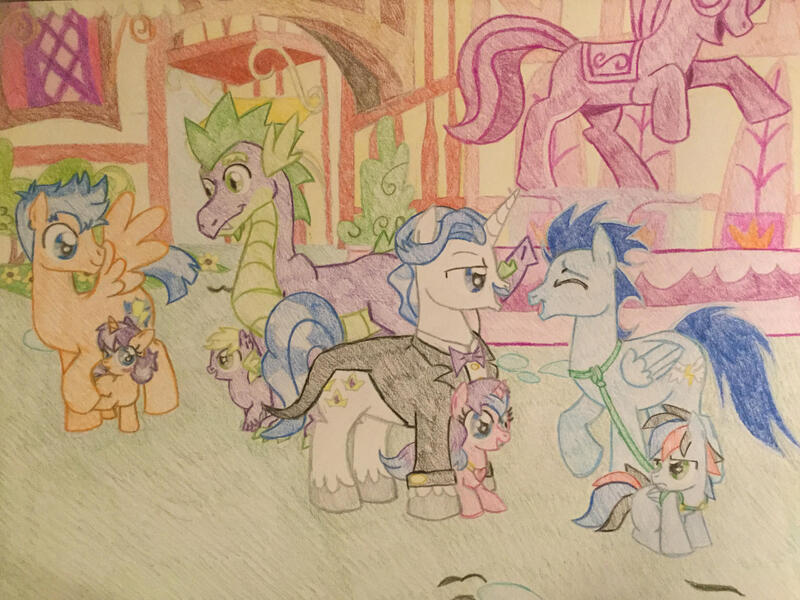 Size: 2828x2121 | Tagged: safe, artist:gibina4ever, derpibooru import, fancypants, flash sentry, soarin', spike, oc, oc:gideon, oc:hurricane storm, oc:venus, oc:violetta, dracony, dragon, hybrid, image, interspecies offspring, jpeg, next generation, offspring, older, older spike, parent:applejack, parent:fancypants, parent:flash sentry, parent:rainbow dash, parent:rarity, parents:applespike, parents:flashlight, parent:soarin', parent:spike, parents:raripants, parents:soarindash, parent:twilight sparkle, traditional art