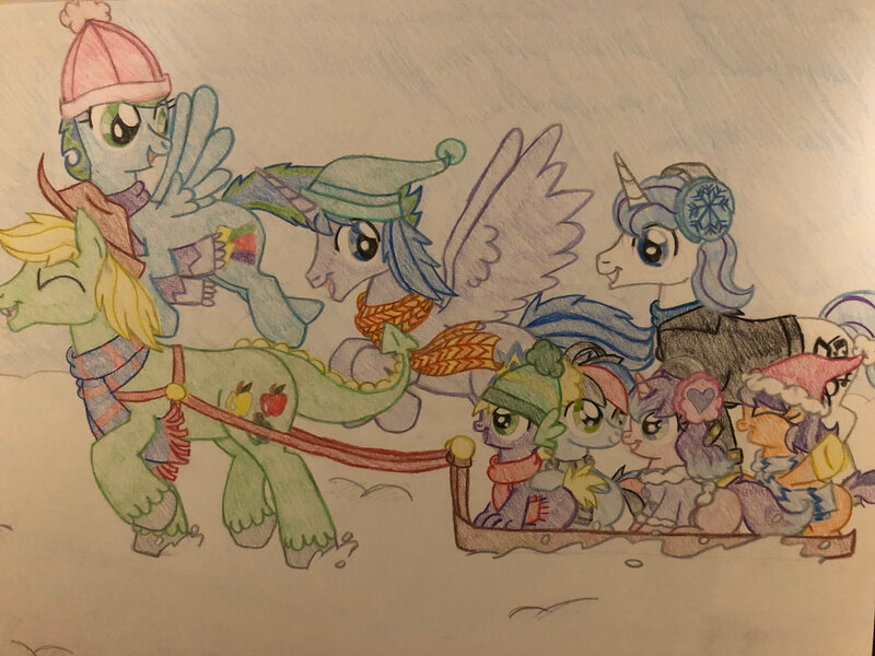 Size: 2828x2121 | Tagged: safe, artist:gibina4ever, derpibooru import, oc, oc:apple fang, oc:gideon, oc:hurricane storm, oc:prince sparkle, oc:symphony, oc:venus, oc:violetta, oc:wind flash, dracony, dragon, hybrid, clothes, image, interspecies offspring, jpeg, next generation, offspring, parent:applejack, parent:fancypants, parent:flash sentry, parent:rainbow dash, parent:rarity, parents:applespike, parents:flashlight, parent:soarin', parent:spike, parents:raripants, parents:soarindash, parent:twilight sparkle, sled, snow, traditional art, winter outfit