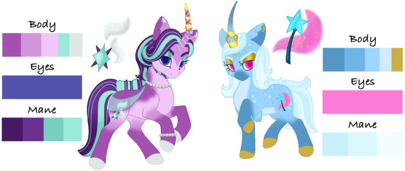 Size: 1639x694 | Tagged: safe, artist:xxgaea, derpibooru import, starlight glimmer, trixie, female, headcanon, image, implied bisexual, implied bluetrix, implied prince blueblood, lesbian, png, shipping, simple background, startrix, transparent background