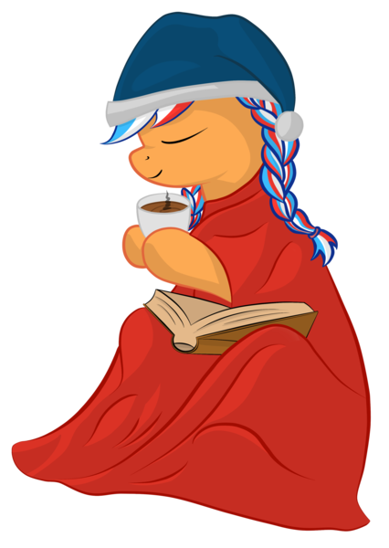 Size: 2063x2906 | Tagged: safe, artist:mistergi, derpibooru import, oc, oc:ember (hwcon), blanket, book, chocolate, chocolate milk, food, hearth's warming con, image, milk, netherlands, png