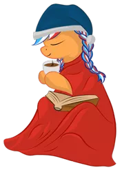 Size: 2063x2906 | Tagged: safe, artist:mistergi, derpibooru import, oc, oc:ember (hwcon), blanket, book, chocolate, chocolate milk, food, hearth's warming con, image, milk, netherlands, png