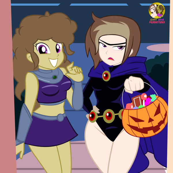 Size: 3920x3920 | Tagged: safe, artist:succubi samus, derpibooru import, oc, oc:moon pearl, oc:rella, equestria girls, candy, clothes, cosplay, costume, food, halloween, halloween costume, holiday, image, png, raven (teen titans), show accurate, starfire, teen titans, trick or treat