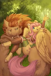 Size: 866x1280 | Tagged: suggestive, artist:margony, derpibooru import, fluttershy, anthro, big cat, tiger, armor, fantasy class, forest, image, png, tree, unconvincing armor
