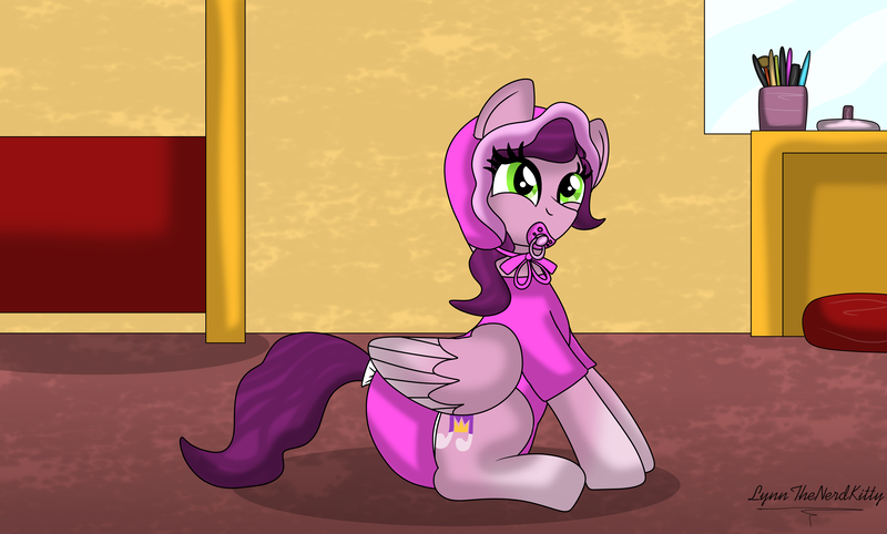 Size: 5030x3030 | Tagged: suggestive, artist:lynnthenerdkitty, derpibooru import, pipp petals, pegasus, pony, adult foal, bonnet, diaper, diaper fetish, fetish, g5, image, livestream, makeup brush, makeup kit, onesie, pacifier, png, poofy diaper