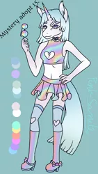 Size: 720x1280 | Tagged: safe, artist:clown-bread, derpibooru import, oc, unofficial characters only, unicorn, choker, clothes, hand on hip, high heels, horn, image, jpeg, midriff, reference sheet, shoes, skirt, smiling, solo, unicorn oc