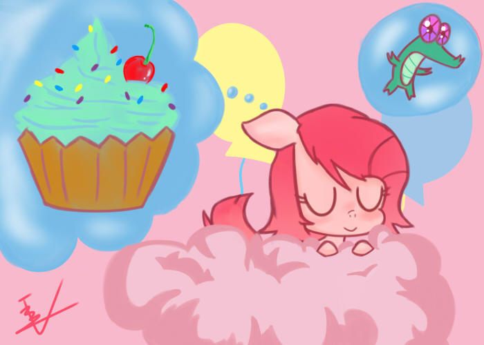 Size: 700x500 | Tagged: safe, artist:ccphony, derpibooru import, gummy, pinkie pie, alligator, earth pony, pony, cloud, cupcake, duo, eyes closed, female, food, image, jpeg, mare, on a cloud, pink background, pinkamena diane pie, signature, simple background, sleeping