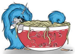 Size: 1738x1243 | Tagged: safe, artist:beamybutt, derpibooru import, oc, oc:moonbeam, ponified, unofficial characters only, food pony, original species, pony, unicorn, :p, cup, cup of pony, ear fluff, eyelashes, female, food, horn, image, mare, micro, noodle, png, simple background, tongue out, transparent background, unicorn oc