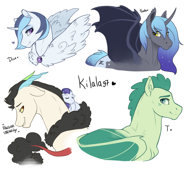 Size: 1600x1458 | Tagged: safe, artist:royvdhel-art, derpibooru import, oc, oc:dove (kianamai), oc:identity, oc:prince illusion, oc:princess nidra, oc:turquoise blitz, unofficial characters only, alicorn, bat pony, bat pony alicorn, draconequus, pony, kilalaverse, bat pony oc, bat wings, draconequus oc, ethereal mane, female, horn, image, jewelry, male, necklace, parent:oc:crystal clarity, parent:oc:prince illusion, png, ponies riding ponies, riding, simple background, smiling, starry mane, white background, wings