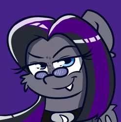 Size: 1024x1034 | Tagged: safe, artist:tranzmuteproductions, derpibooru import, oc, oc:luna, unofficial characters only, bat pony, pony, bat pony oc, bat wings, bedroom eyes, choker, freckles, glasses, image, png, purple background, simple background, solo, sunglasses, wings