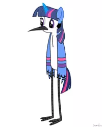 Size: 800x1000 | Tagged: safe, artist:samueldavillo, derpibooru import, twilight sparkle, hybrid, crossover, crossover shipping, cursed image, female, fusion, image, male, mordecai, mordetwi, png, regular show, shipping, simple background, standing, straight, wat