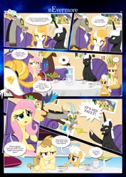 Size: 3259x4607 | Tagged: safe, artist:estories, derpibooru import, discord, fluttershy, oc, oc:alice goldenfeather, oc:fable, oc:golden jewel, oc:möbius, draconequus, pegasus, pony, unicorn, comic:nevermore, angry, brother and sister, comic, cross-popping veins, female, high res, horn, image, male, mother and child, mother and daughter, mother and son, pegasus oc, png, siblings, speech bubble, unicorn oc, wings