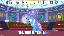 Size: 888x499 | Tagged: safe, derpibooru import, edit, edited screencap, screencap, trixie, pony, unicorn, a matter of principals, banana, big pink loser, caption, discovery family logo, female, food, image, image macro, jpeg, levitation, magic, mare, reference, solo, spongebob squarepants, telekinesis, text