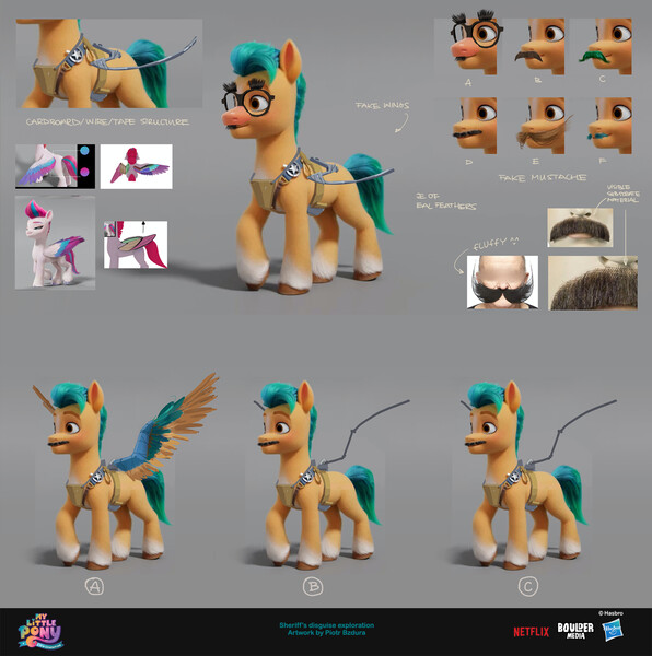 Size: 1920x1932 | Tagged: safe, artist:piotr bzdura, boulder media, derpibooru import, hitch trailblazer, zipp storm, earth pony, pegasus, pony, my little pony: a new generation, concept art, disguise, fake moustache, fake wings, female, g5, groucho mask, hasbro logo, image, jpeg, male, mare, my little pony logo, netflix logo, stallion