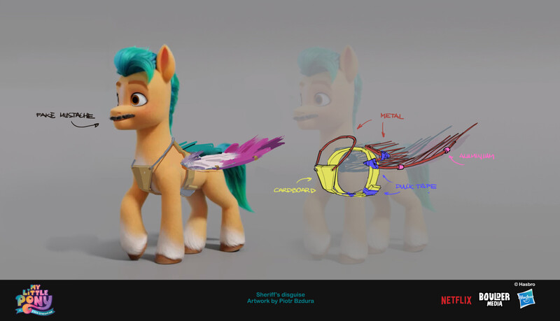 Size: 1920x1101 | Tagged: safe, artist:piotr bzdura, boulder media, derpibooru import, hitch trailblazer, earth pony, pony, my little pony: a new generation, concept art, disguise, fake moustache, fake wings, g5, hasbro logo, image, jpeg, male, my little pony logo, netflix logo, stallion