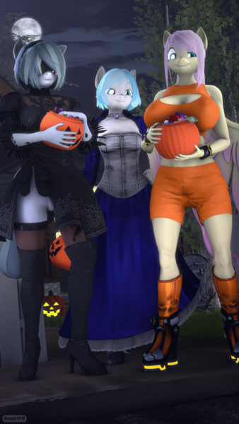 Size: 2160x3840 | Tagged: safe, artist:dongly12, derpibooru import, coco pommel, fluttershy, marble pie, anthro, plantigrade anthro, art pack:trick or treat 2021, 2b, 3d, alternate hairstyle, big breasts, boots, breasts, busty fluttershy, busty marble pie, candy, clothes, dress, elizabeth comstock, female, females only, food, halloween, high heel boots, high res, holiday, image, mask, metroid, moon, nail polish, night, png, revamped anthros, samus aran, shoes, shorts, source filmmaker, the council of shy ponies, trick or treat