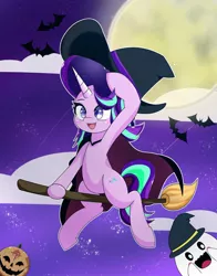Size: 1609x2048 | Tagged: safe, artist:zeon_starlight, derpibooru import, starlight glimmer, bat, ghost, pony, undead, unicorn, broom, cape, clothes, cloud, female, flying, flying broomstick, halloween, hat, holiday, image, jack-o-lantern, jpeg, moon, night, pumpkin, solo, witch hat