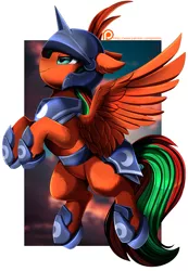 Size: 2850x4109 | Tagged: safe, artist:pridark, derpibooru import, oc, unofficial characters only, pegasus, pony, armor, high res, image, pegasus oc, png, smiling, solo, white border, wings