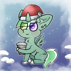 Size: 600x600 | Tagged: safe, artist:jesterpi, derpibooru import, oc, oc:jester pi, unofficial characters only, pegasus, pony, animated, blinking, body, christmas, coffee, cold, ear piercing, eye clipping through hair, frost, gif, hat, heterochromia, holiday, horn, image, pegacorn, piercing, santa hat, sitting, snow, snowfall, wings, winter