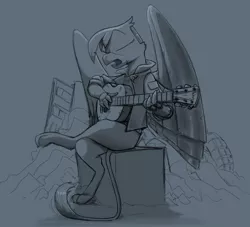 Size: 2162x1960 | Tagged: safe, artist:sinrar, derpibooru import, gilda, amputee, artificial wings, augmented, clothes, cyberpunk, guitar, image, jacket, monochrome, musical instrument, png, prosthetic limb, prosthetics, prosthetic wing, wings