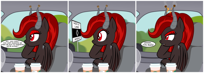 Size: 4280x1534 | Tagged: safe, artist:badumsquish, derpibooru import, oc, oc:kim stone, demon, demon pony, monster pony, original species, pony, angry, bored, burning, car, coffee, cork, derpibooru exclusive, dialogue, female, fire, folded wings, grumpy, head on hoof, horn, horn guard, hov lane, image, mare, offscreen character, png, pov, red eyes, red eyeshadow, road sign, sharp teeth, show accurate, sign, sitting, starbucks, talking to viewer, teeth, unshorn fetlocks, wings