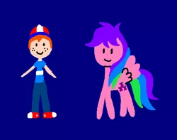 Size: 580x456 | Tagged: safe, artist:tommothetankengine57, derpibooru import, danny williams, whizzer, human, pegasus, pony, twinkle eyed pony, blue background, cap, clothes, cute, dannybetes, female, g1, hat, image, male, mare, pants, png, shirt, shoes, simple background, smiley face, smiling, teenager, whizzabetes