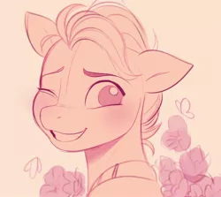 Size: 2572x2293 | Tagged: safe, artist:imalou, derpibooru import, hitch trailblazer, butterfly, earth pony, insect, pony, blushing, cute, flower, g5, grin, hitchbetes, image, jpeg, looking at you, male, one eye closed, sketch, smiling, solo, stallion, wink