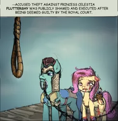 Size: 646x660 | Tagged: grimdark, artist:vickyvoo, derpibooru import, fluttershy, earth pony, pegasus, pony, abuse, abused, black eye, blood, blood stains, chains, comic sans, crying, execution, flutterbuse, hangman's noose, image, imminent death, implied tyrant celestia, png, raped, royal guard, sad, shackles, tied, torture