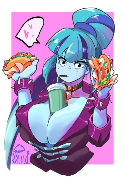 Size: 1400x2000 | Tagged: suggestive, artist:sozglitch, derpibooru import, sonata dusk, equestria girls, between breasts, big breasts, bracelet, breasts, busty sonata dusk, cleavage, drink, drinking, drinking straw, female, food, gem, heart, huge breasts, image, jpeg, looking at you, siren gem, solo, solo female, sonataco, speech bubble, spiked wristband, taco, wristband