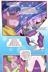 Size: 960x1440 | Tagged: safe, artist:cold-blooded-twilight, derpibooru import, rarity, spike, twilight sparkle, dragon, pony, unicorn, cold blooded twilight, comic:cold storm, blushing, bobby pin, both cutie marks, canterlot, cloud, cloudy, comic, dialogue, eyepatch, eyeshadow, horn, image, implied shipping, implied sparity, implied straight, makeup, mirror, open mouth, png, speech bubble, stars, tail, tail wag, unicorn twilight