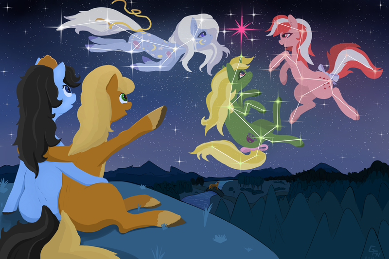 Size: 2998x2000 | Tagged: safe, artist:glefan, derpibooru import, galaxy (g1), night glider (g1), star hopper, twilight sparkle, constellation, ico, ico's mother, ico the brave little horse, image, png, preciosa, space pony
