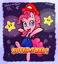Size: 395x439 | Tagged: safe, artist:fipoki, derpibooru import, pinkie pie, earth pony, pony, bipedal, clothes, cosplay, costume, crossover, cute, diapinkes, female, image, mare, mario, open mouth, png, solo, stars, super mario bros., super star, superstar