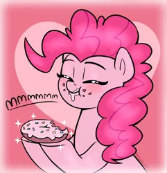 Size: 1490x1548 | Tagged: safe, artist:heretichesh, derpibooru import, pinkie pie, earth pony, pony, blushing, cute, diapinkes, donut, eating, eyes closed, food, heart, heart background, image, jpeg, smiling, solo