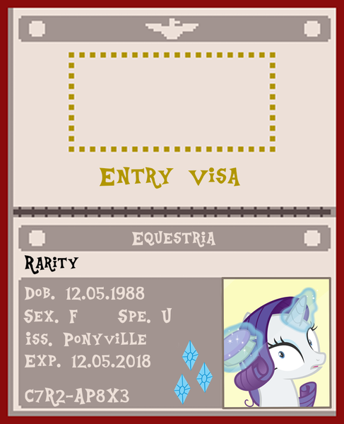 Size: 730x900 | Tagged: safe, artist:phucknuckl, artist:ponygamer2020, derpibooru import, rarity, pony, unicorn, the point of no return, and then there's rarity, arstotzka, brush, cutie mark, female, glory to arstotzka, image, levitation, magic, mare, papers please, passport, photo, png, solo, telekinesis, vector, written equestrian