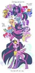 Size: 815x1701 | Tagged: safe, artist:guromoro, derpibooru import, applejack, fluttershy, pinkie pie, princess twilight 2.0, rainbow dash, rarity, starlight glimmer, trixie, twilight sparkle, twilight sparkle (alicorn), alicorn, earth pony, pegasus, pony, unicorn, the last problem, bittersweet, female, glow, glowing horn, horn, image, jpeg, mane six, mare, older, older twilight, open mouth, sad, twilight will outlive her friends, unicorn twilight