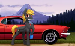 Size: 2224x1360 | Tagged: safe, artist:dash wang, derpibooru import, oc, pegasus, car, ford, ford mustang, ford mustang mach 1, forest, image, mechanic, mountain, png, tree, wrench